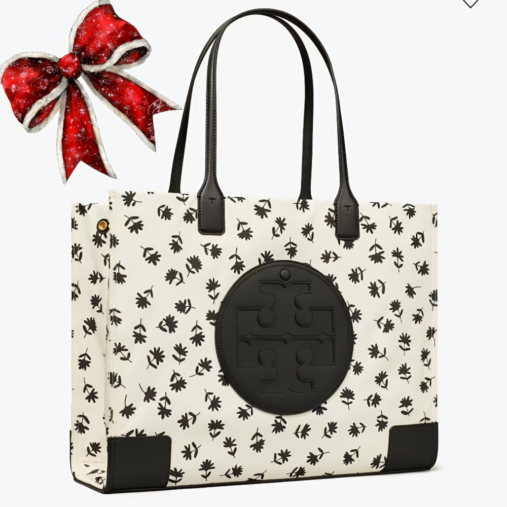 Tory Burch Ella Ditsy Print Floral Black and Cream Tote